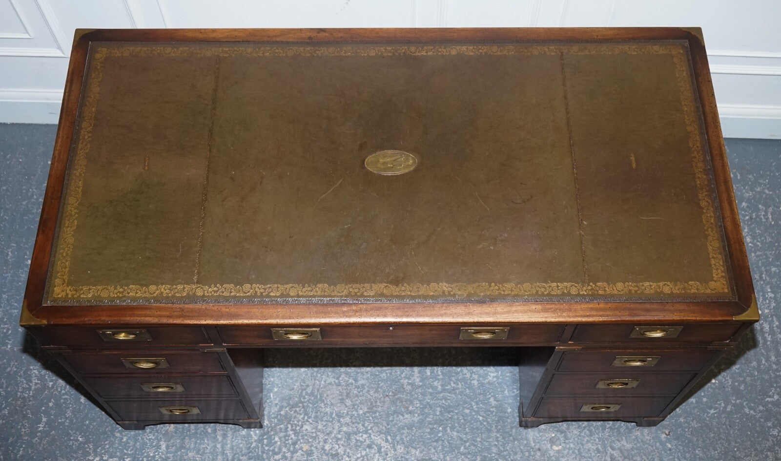 MILITARY CAMPAIGN TWIN PEDESTAL DESK WITH AGED GREEN LEATHER TOP BEVAN FUNELL
