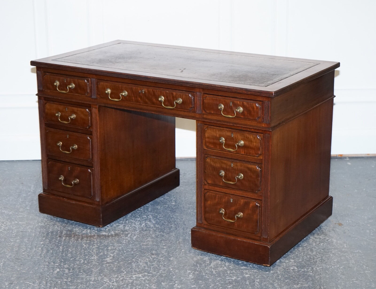 EDWARDIAN MAPLE & CO PEDESTAL WRITING DESK DISTRESSED BROWN EMBOSSED LEATHER