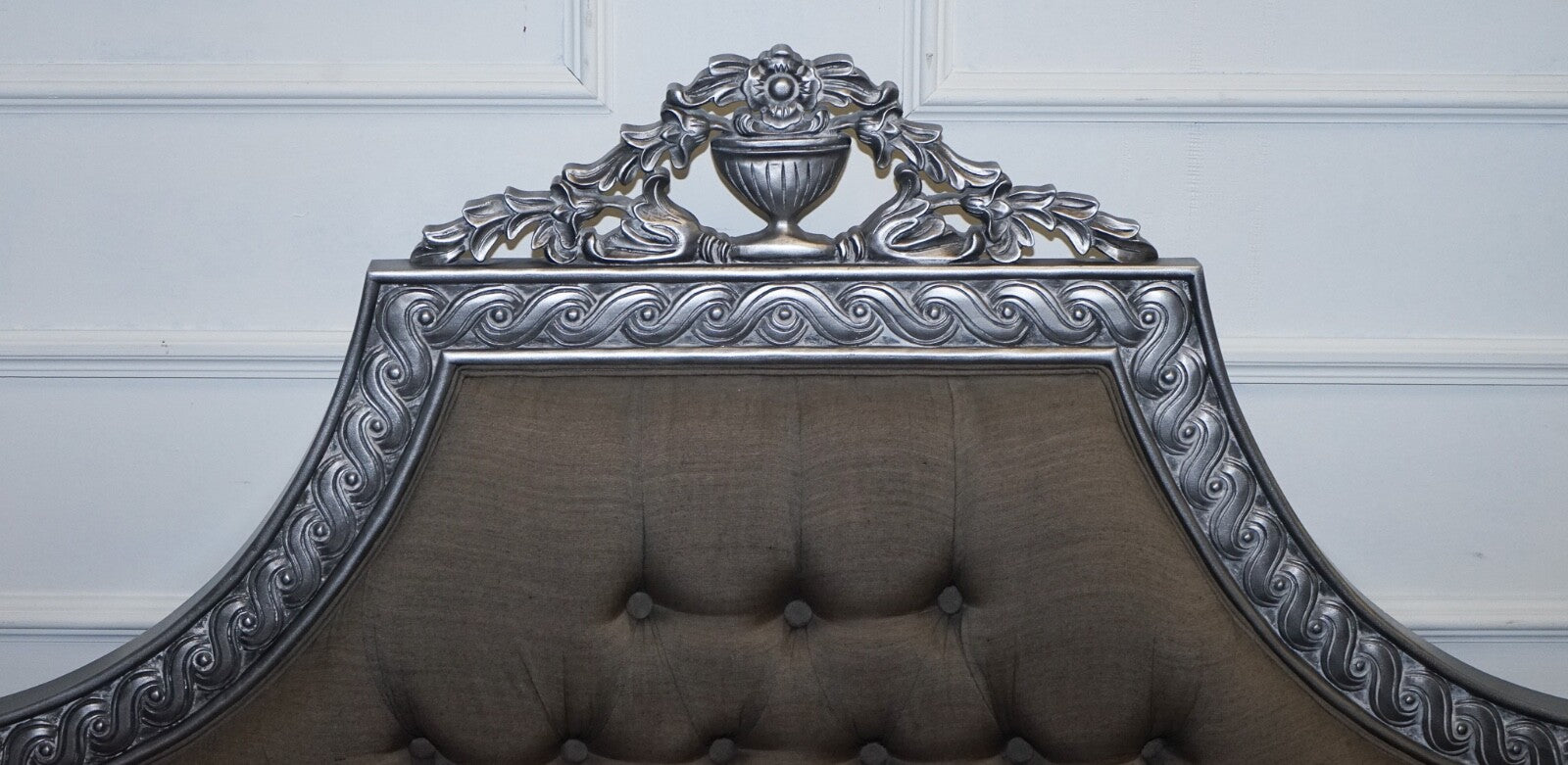 BEAUTIFUL FRENCH SILVER FRAME BUTTON BACKED KING SIZE WOODEN BED FRAME