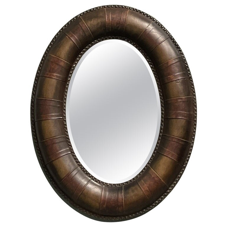 STUNNING VERY DECORATIVE OVAL BROWN STUDDED LEATHER CUSHION WALL MIRROR