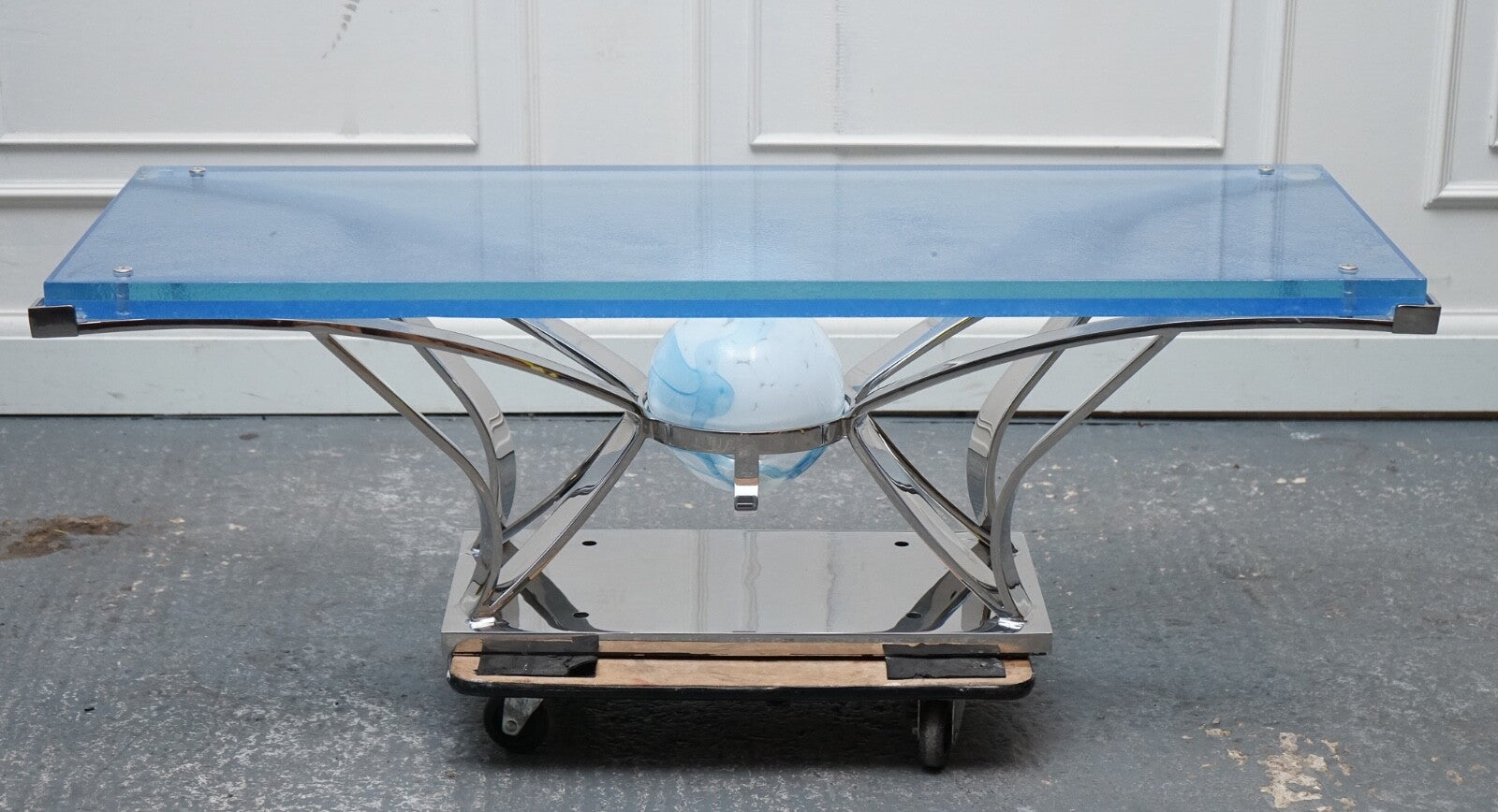RARE CUSTOM HAND MADE GLASS MARINE GRADE STAINLESS STEEL COFFEE TABLE BY SOLIART