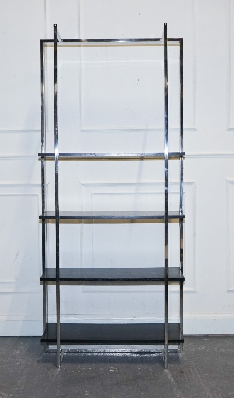 POLISHED STAINLESS STEEL BLACK AND SILVER ART DECO STYLE BOOKCASE SHELF DISPLAY