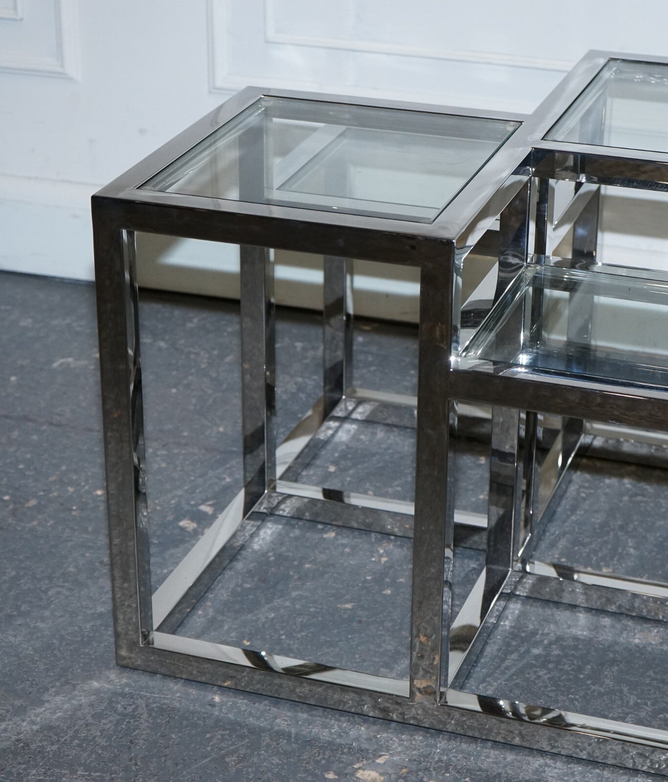 PAIR OF CASA PADRINO ART DECO STYLE GLASS POLISHED STAINLESS STEEL SIDE TABLES