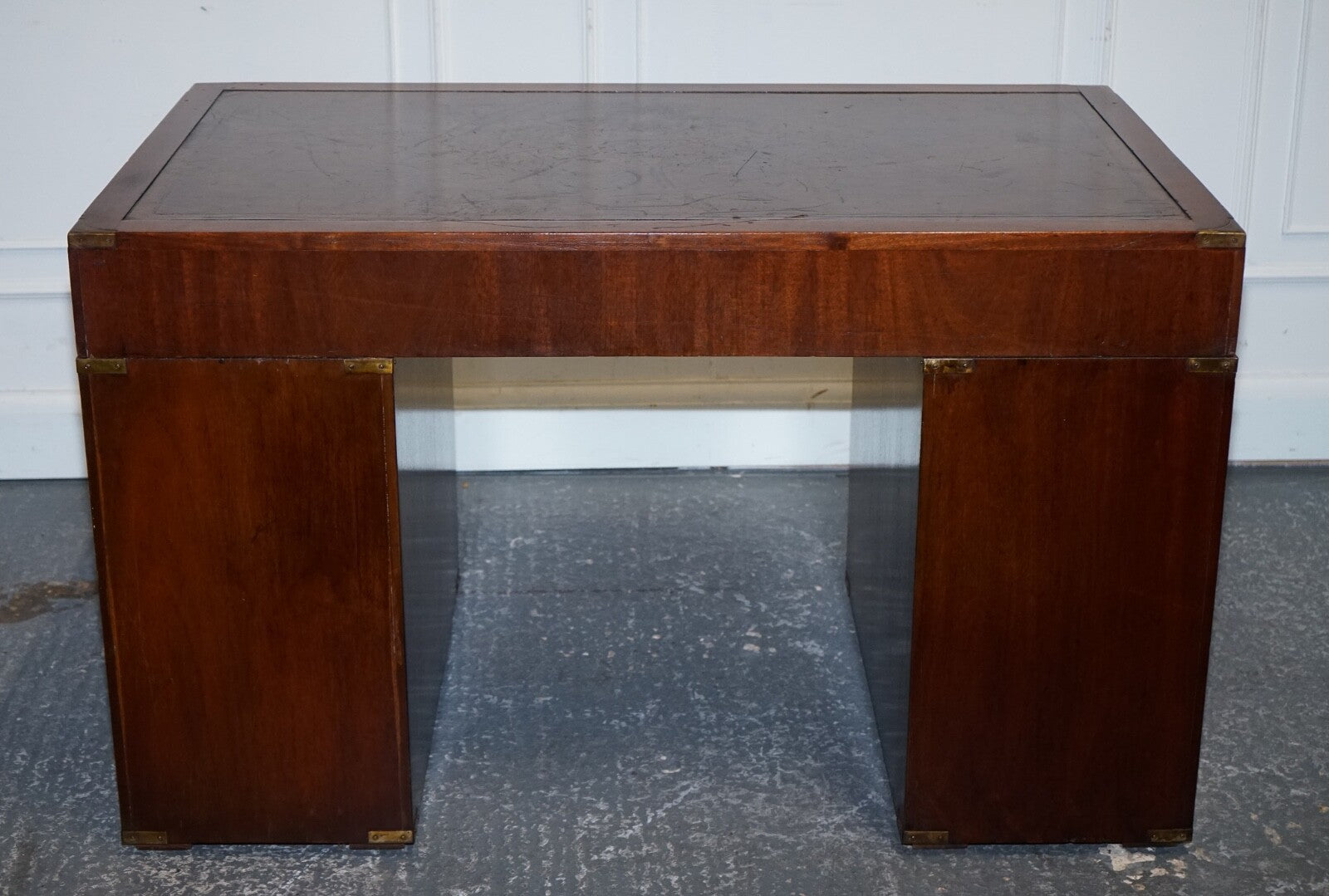 FULLY RESTORED BEVAN FUNNELL MILITARY CAMPAIGN TWIN PEDESTAL DESK BROWN LEATHER