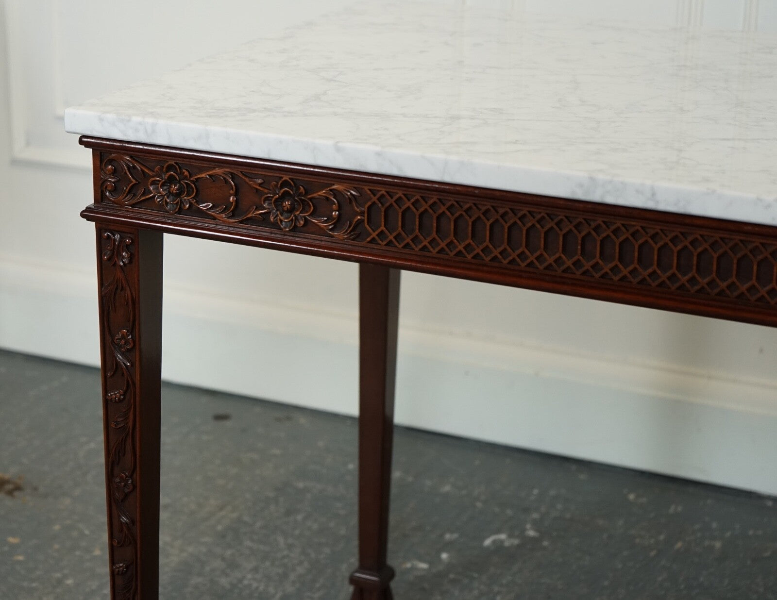 PAIR OF CHIPPENDALE STYLE CONSOLE TABLES WITH NEW WHITE CARRARA MARBLE TOPS