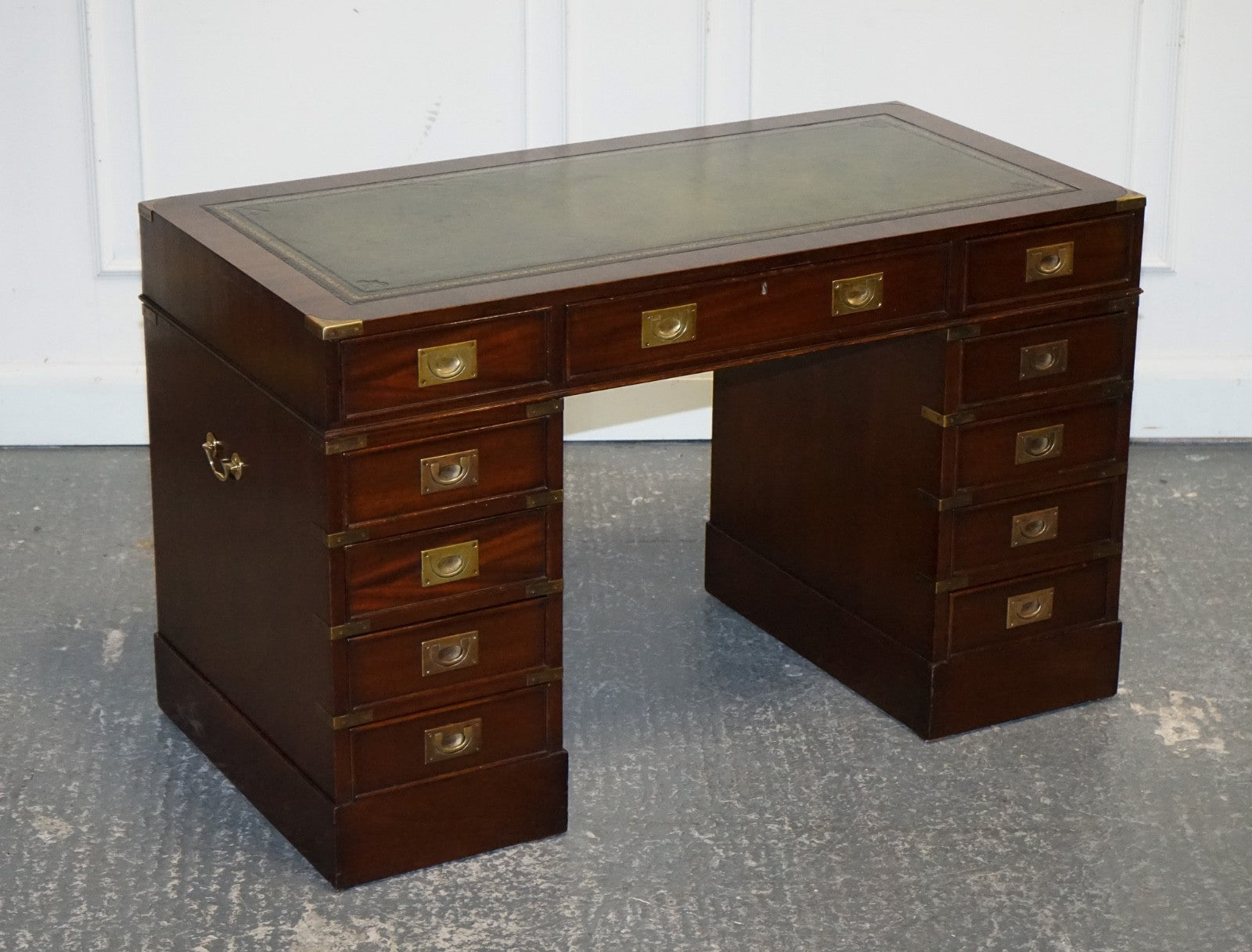 FINE RESTORED MILITARY CAMPAIGN TWIN PEDESTAL DESK WITH GREEN LEATHER TOP