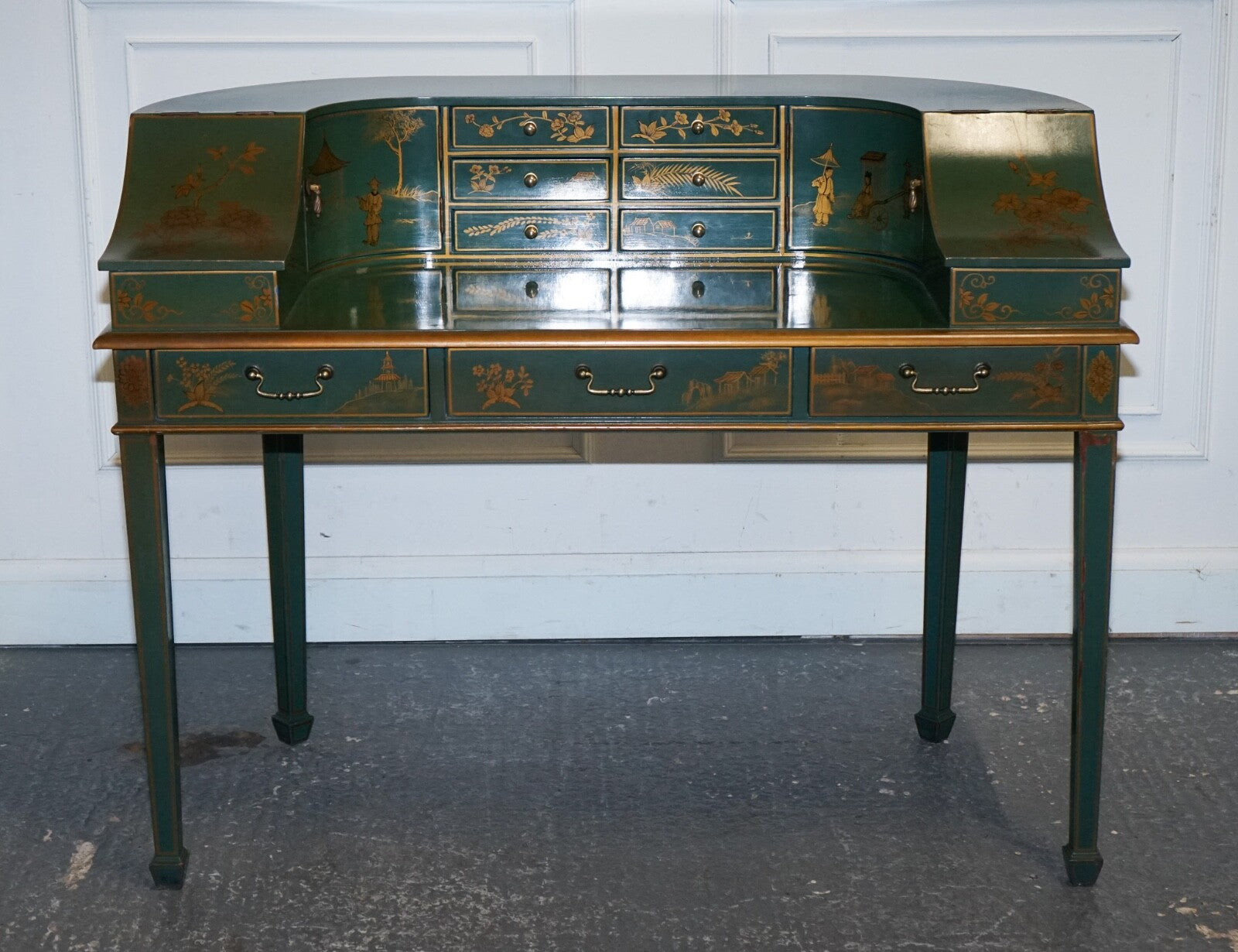 ORIENTAL CHINOISERIE GREEN & GOLD CARLTON DESK WITH MATCHING ARMCHAIR