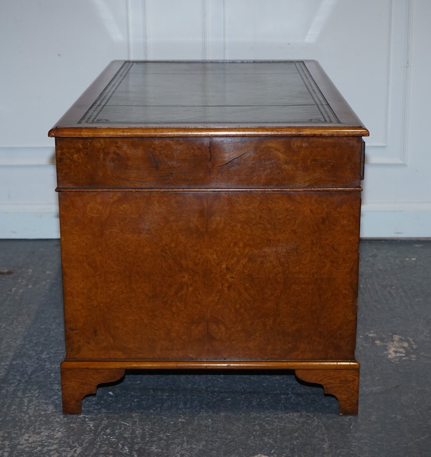 ONE OF A KiND RESTORED VICTORIAN BURR WALNUT HAND DYED LEATHER PEDESTAL DESK