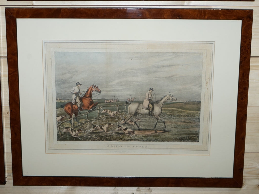 SET OF FOUR PRINTS BURR WALNUT FRAMES IN THE MANNER OF HENRY THOMAS ALKEN