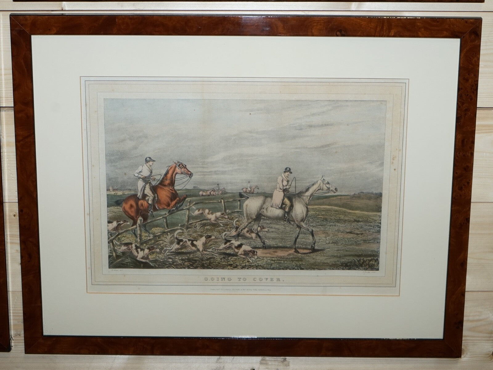 SET OF FOUR PRINTS BURR WALNUT FRAMES IN THE MANNER OF HENRY THOMAS ALKEN
