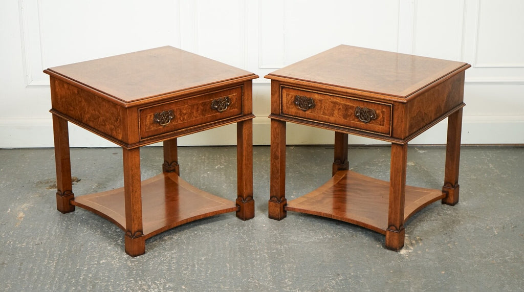 PAIR BURR WALNUT BEDSIDE NIGHTSTANDS END SIDE LAMP TABLES BRIGHTS OF NETTLEBED