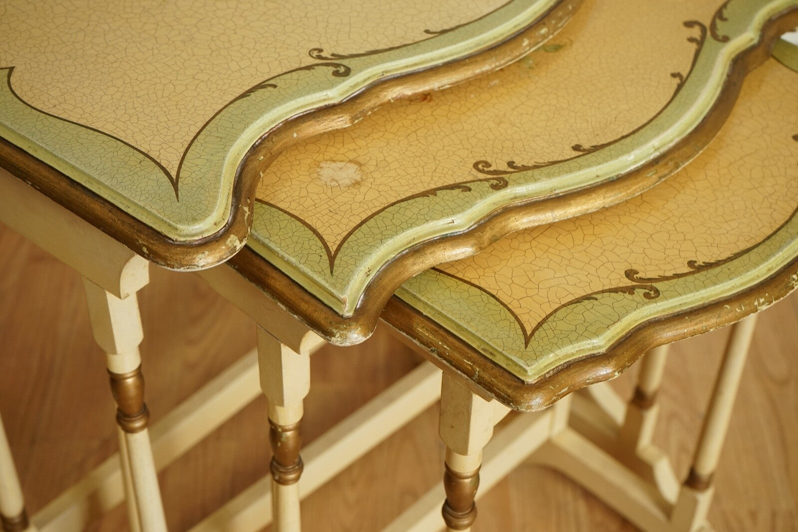 VINTAGE FRENCH HAND PAINTED FLORAL NEST OF TABLES