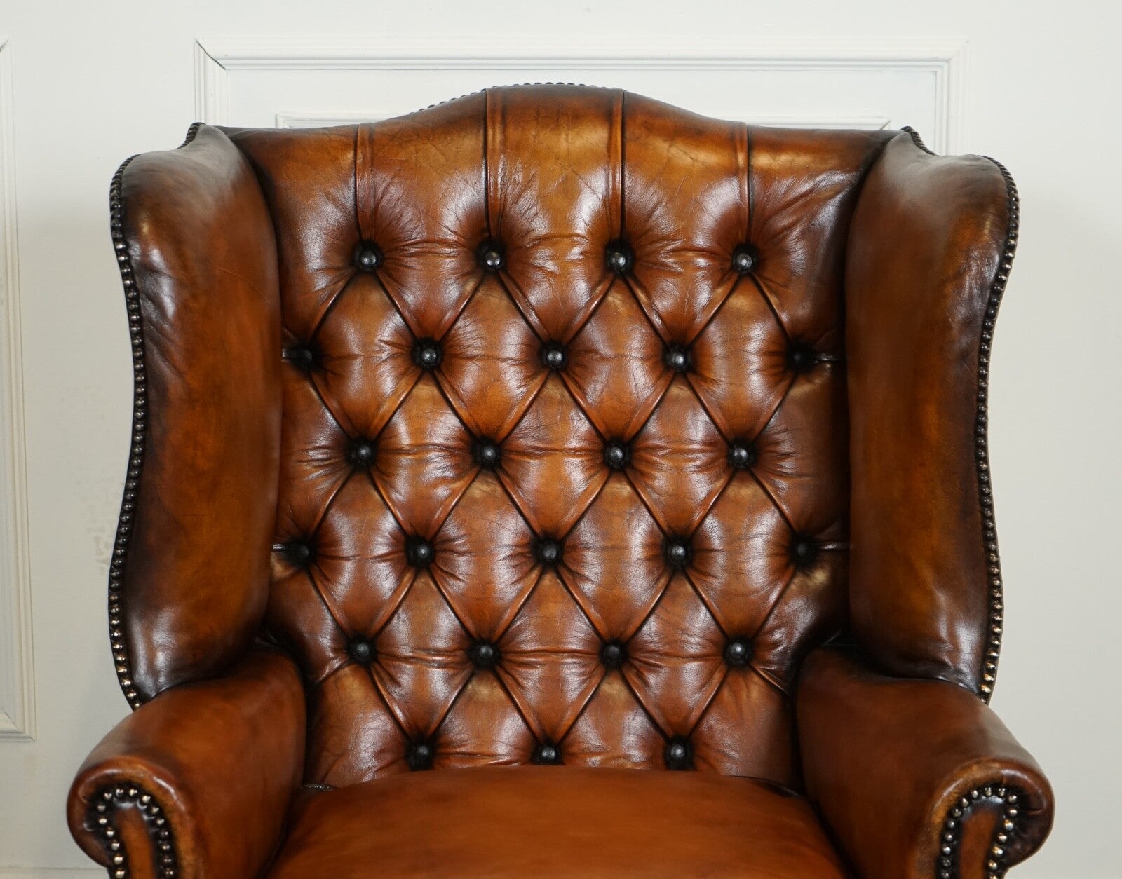 RESTORED PAIR OF HAND DYED BROWN LEATHER CHESTERFiELD WINGBACK ARMCHAIRS
