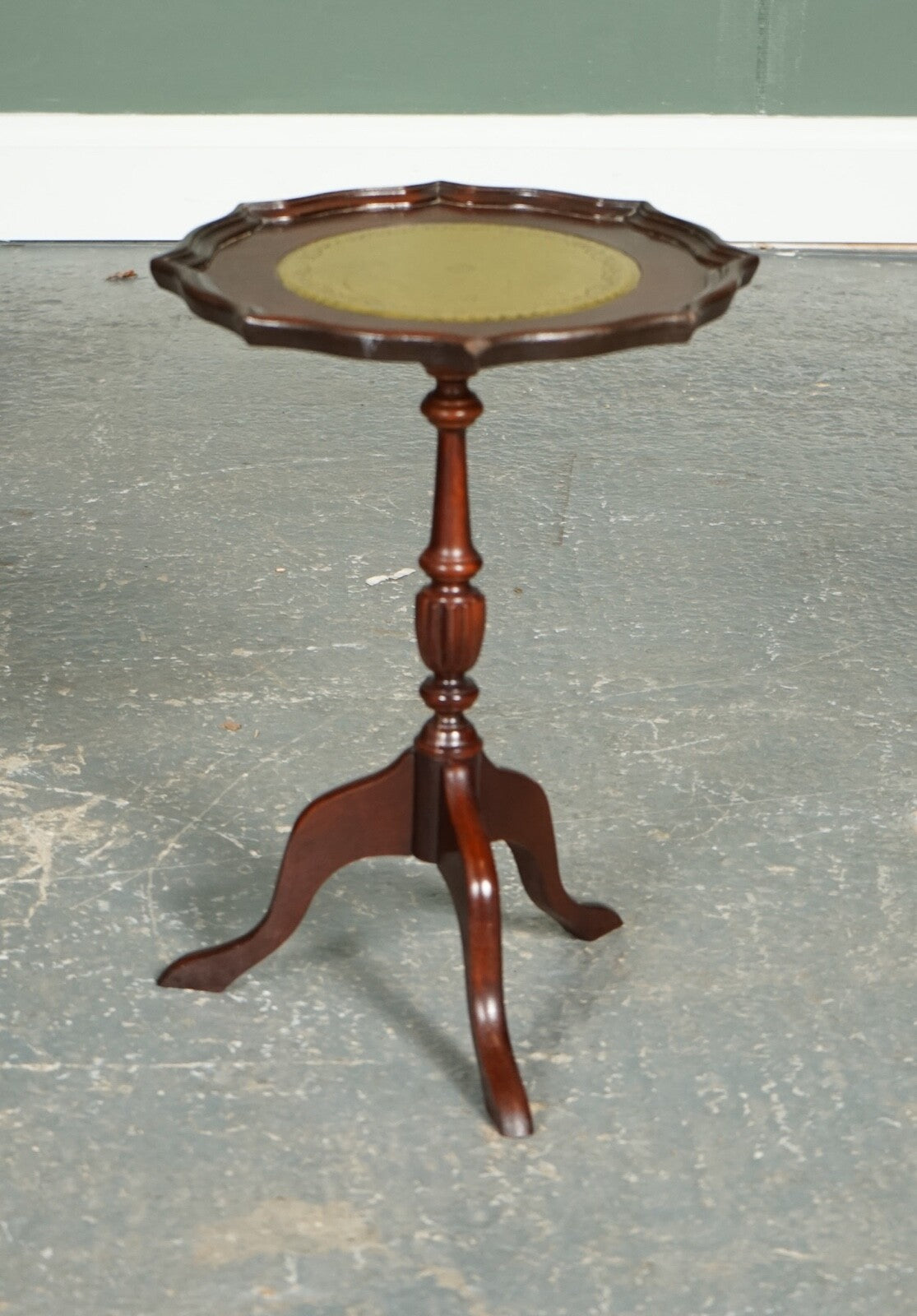 VINTAGE GREEN LEATHER TOP PLANT WINE SIDE STAND ON TRIPOD FEET
