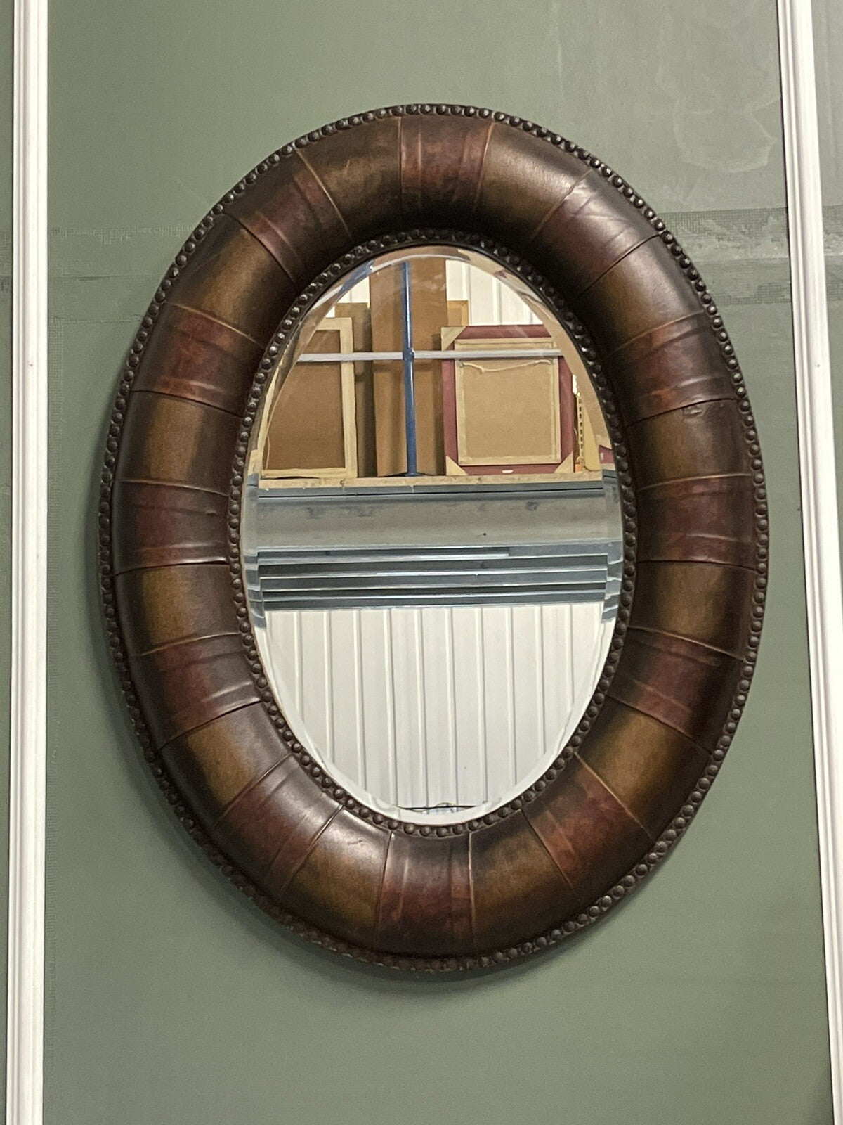 STUNNING VERY DECORATIVE OVAL BROWN STUDDED LEATHER CUSHION WALL MIRROR
