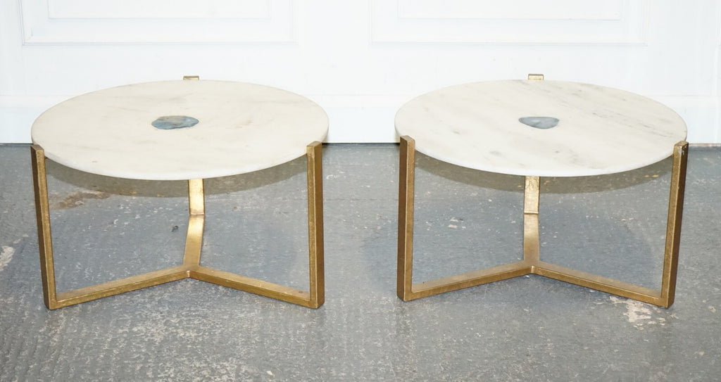STUNNING EX SHOWROOM MARBLE IRON & BLUE AGATE STONE SIDE COFFEE TABLES