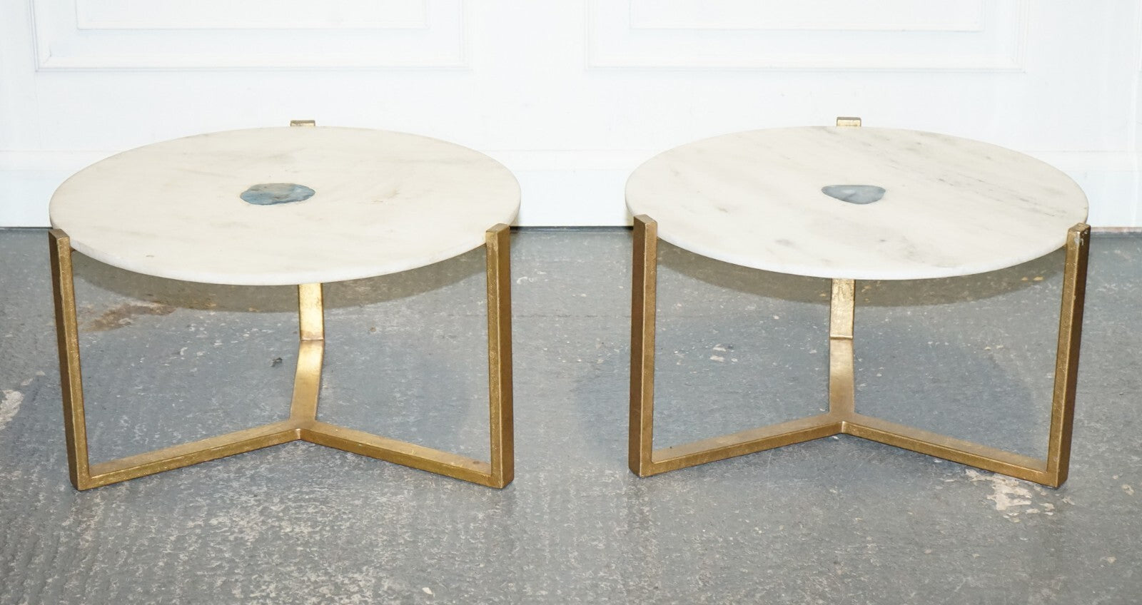 STUNNING EX SHOWROOM MARBLE IRON & BLUE AGATE STONE SIDE COFFEE TABLES
