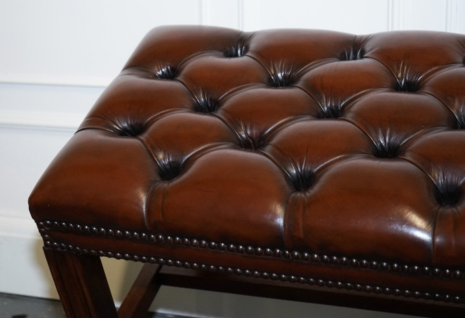 VINTAGE FULLY RESTORED CHESTERFIELD HAND DYED BROWN LEATHER TUFFED FOOTSTOOL