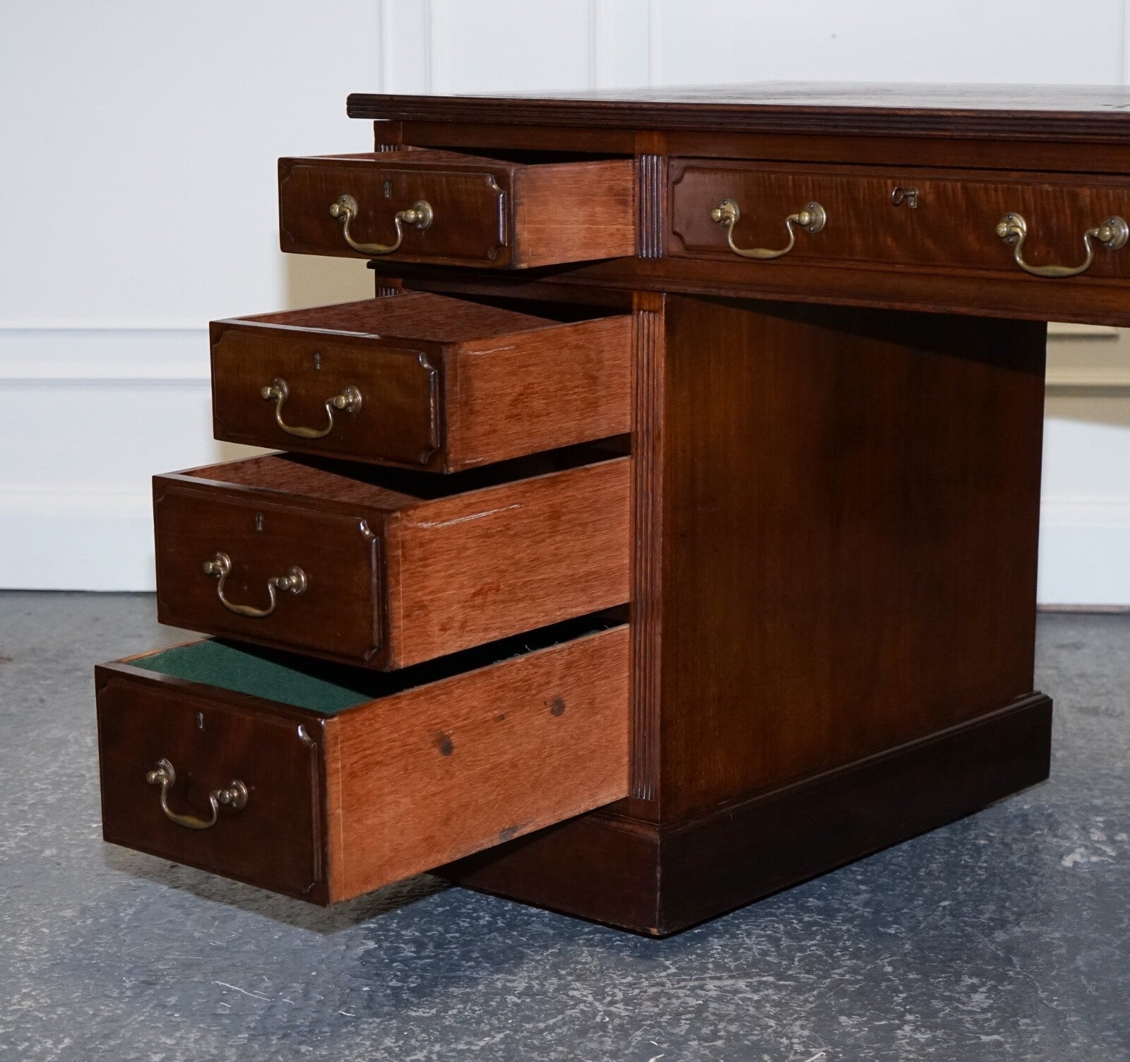 EDWARDIAN MAPLE & CO PEDESTAL WRITING DESK DISTRESSED BROWN EMBOSSED LEATHER