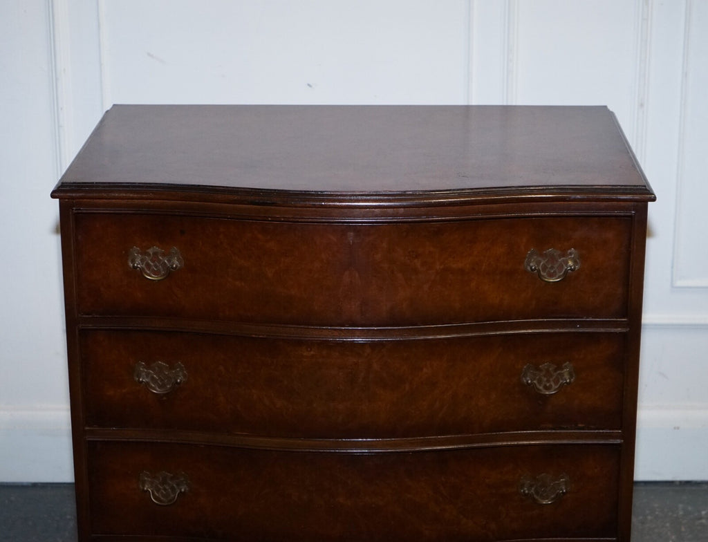 LATE 20TH CENTURY BURR WALNUT CHEST OF DRAWERS WITH BRASS HANDLES