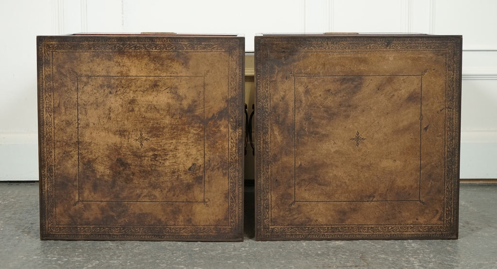 VINTAGE PAIR OF MILITARY CAMPAIGN BEDSIDE TABLES NIGHTSTANDS BROWN LEATHER TOPJ1