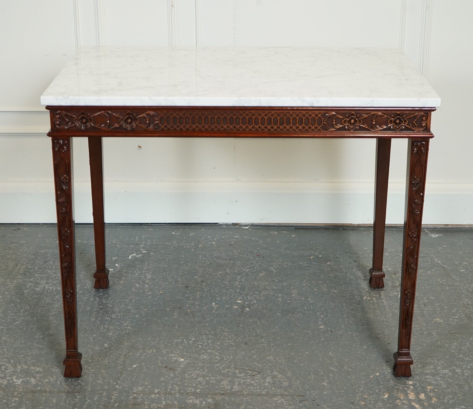 PAIR OF CHIPPENDALE STYLE CONSOLE TABLES WITH NEW WHITE CARRARA MARBLE TOPS