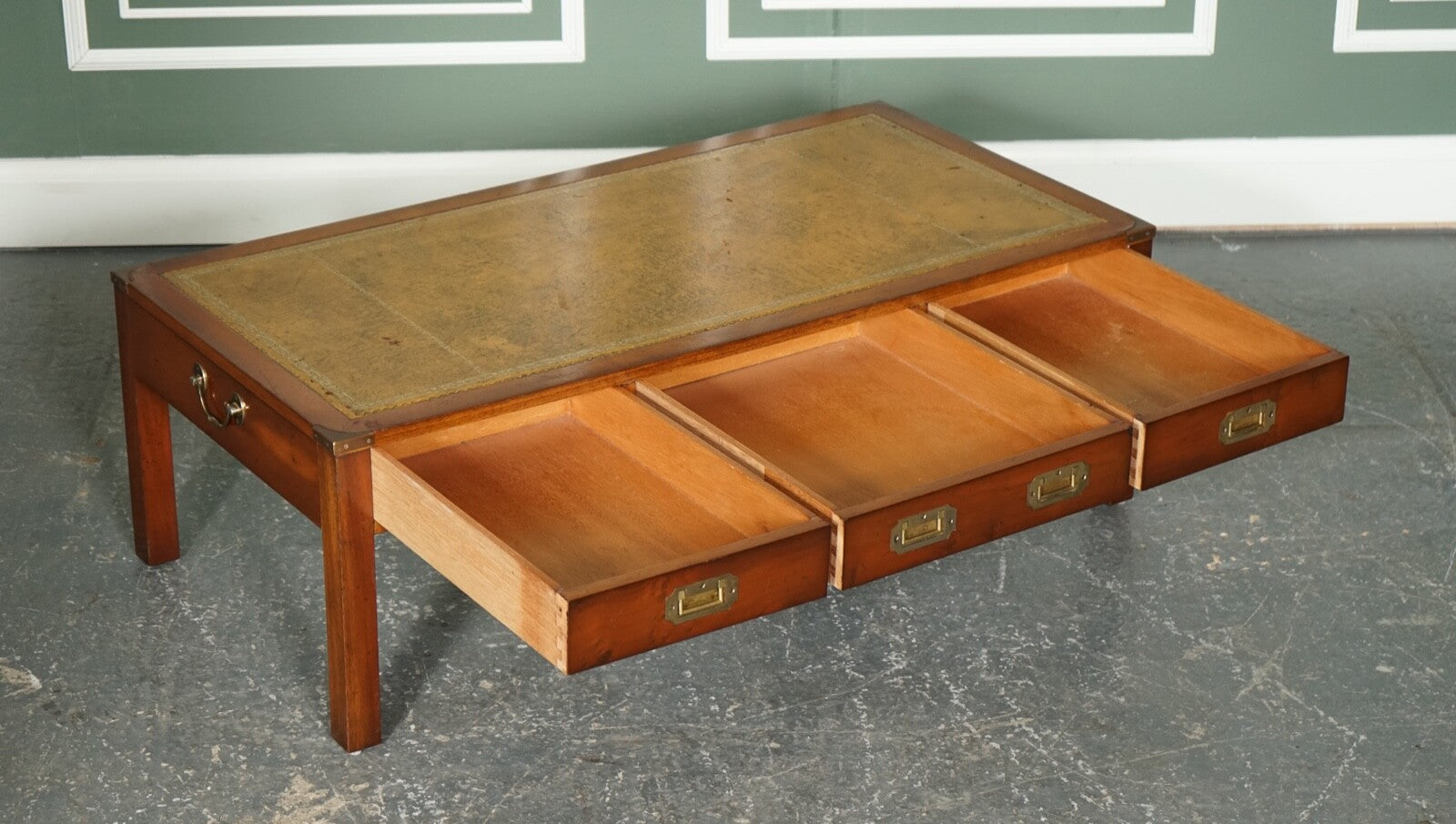 VINTAGE YEW WOOD MILITARY CAMPAIGN COFFEE TABLE WITH EMBOSSED LEATHER