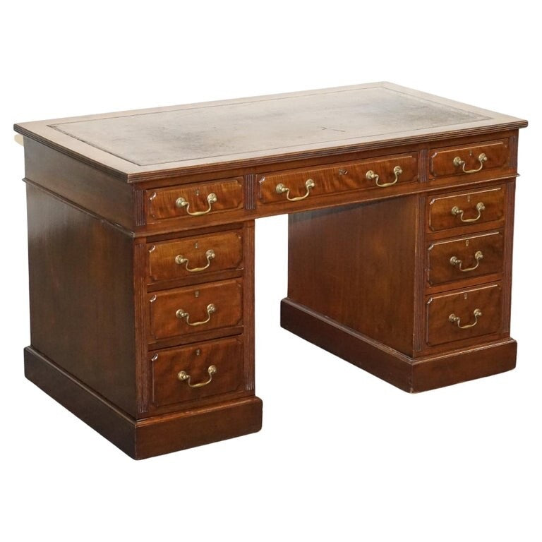 EDWARDIAN MAPLE & CO PEDESTAL WRITING DESK DISTRESSED BROWN EMBOSSED LEATHER