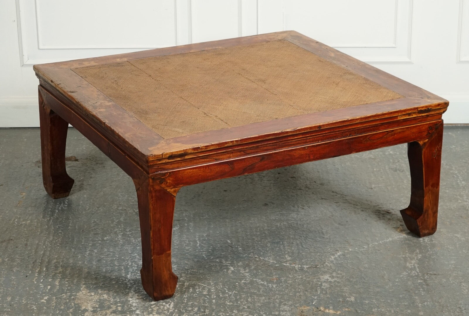 LARGE ANTIQUE CHINESE OPIUM COFFEE TABLE WITH CANE INSET TOP J1