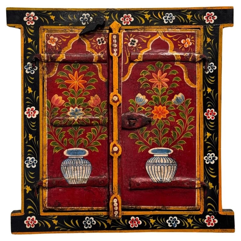 OLD INDiAN PAINTED WOOD WINDOW FRAME FLOWER AND VASE
