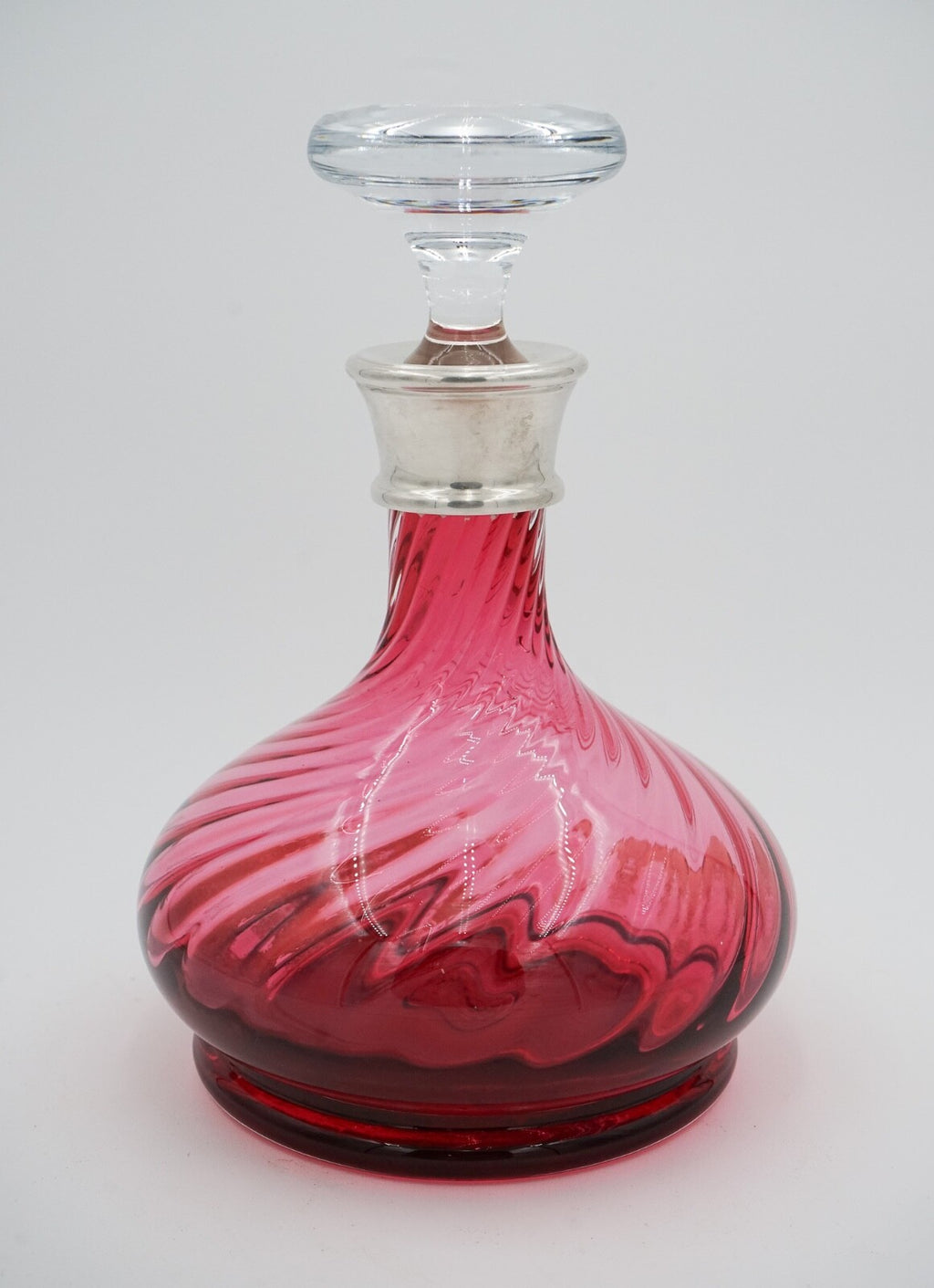 SILVER COLLARED HAND BLOWN CRANBERRY CRYSTAL DECANTER HARDWICKE COLLECTION