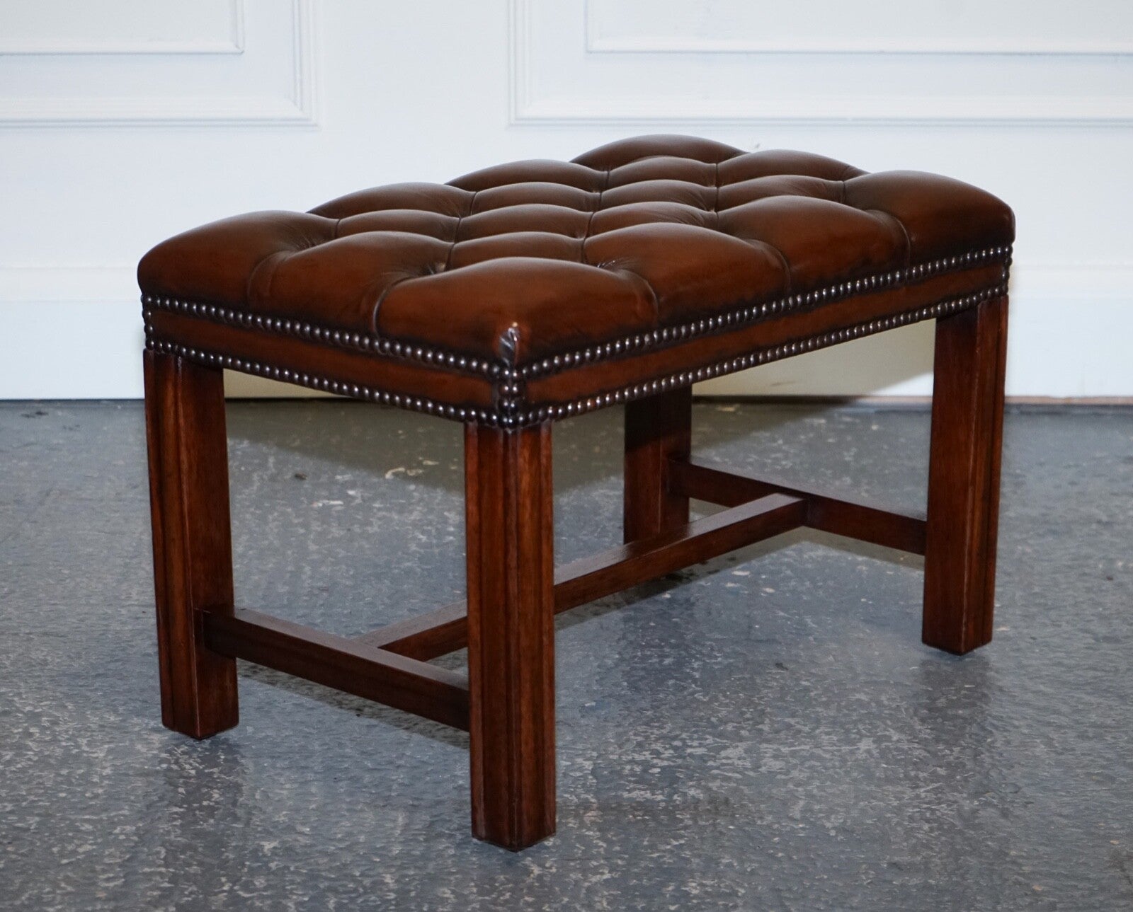VINTAGE FULLY RESTORED CHESTERFIELD HAND DYED BROWN LEATHER TUFFED FOOTSTOOL