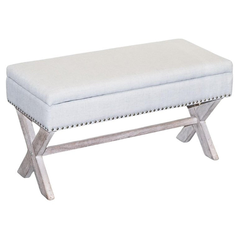 LOVELY VINTAGE GREY TAUPE FABRIC OTTOMAN WITH STORAGE SPACE RAISED ON X FRAME