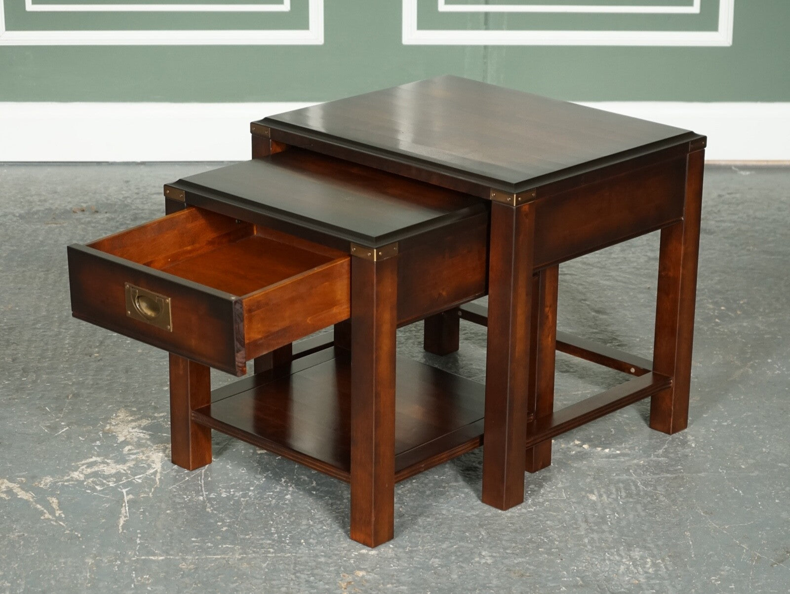 VINTAGE MAHOGANY & BRASS MILITARY CAMPAIGN NEST OF TABLES WITH DRAWER