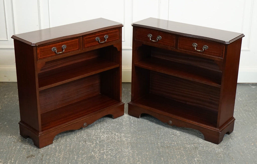 PAIR MAHOGANY OPEN DWARF LIBRARY BOOKCASES ADJUSTABLE SHELVES J1