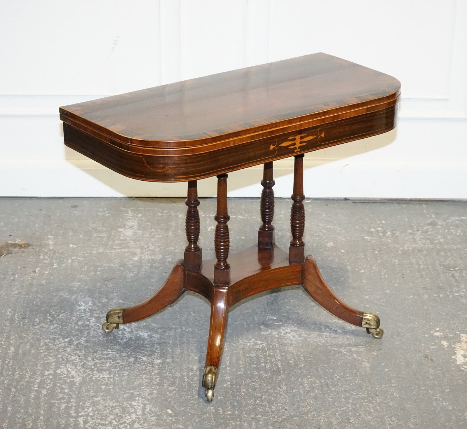 FULLY RESTORED GEORGIAN GAMES CARD FOLDING TABLE ON ORIGINAL BRASS CASTORS