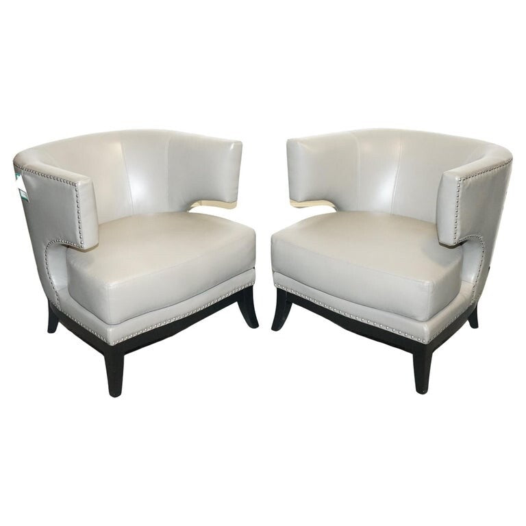 CONTEMPORARY COACH HOUSE GREY LEATHER ROUND BACK ARMCHAIRS WiTH STUDS