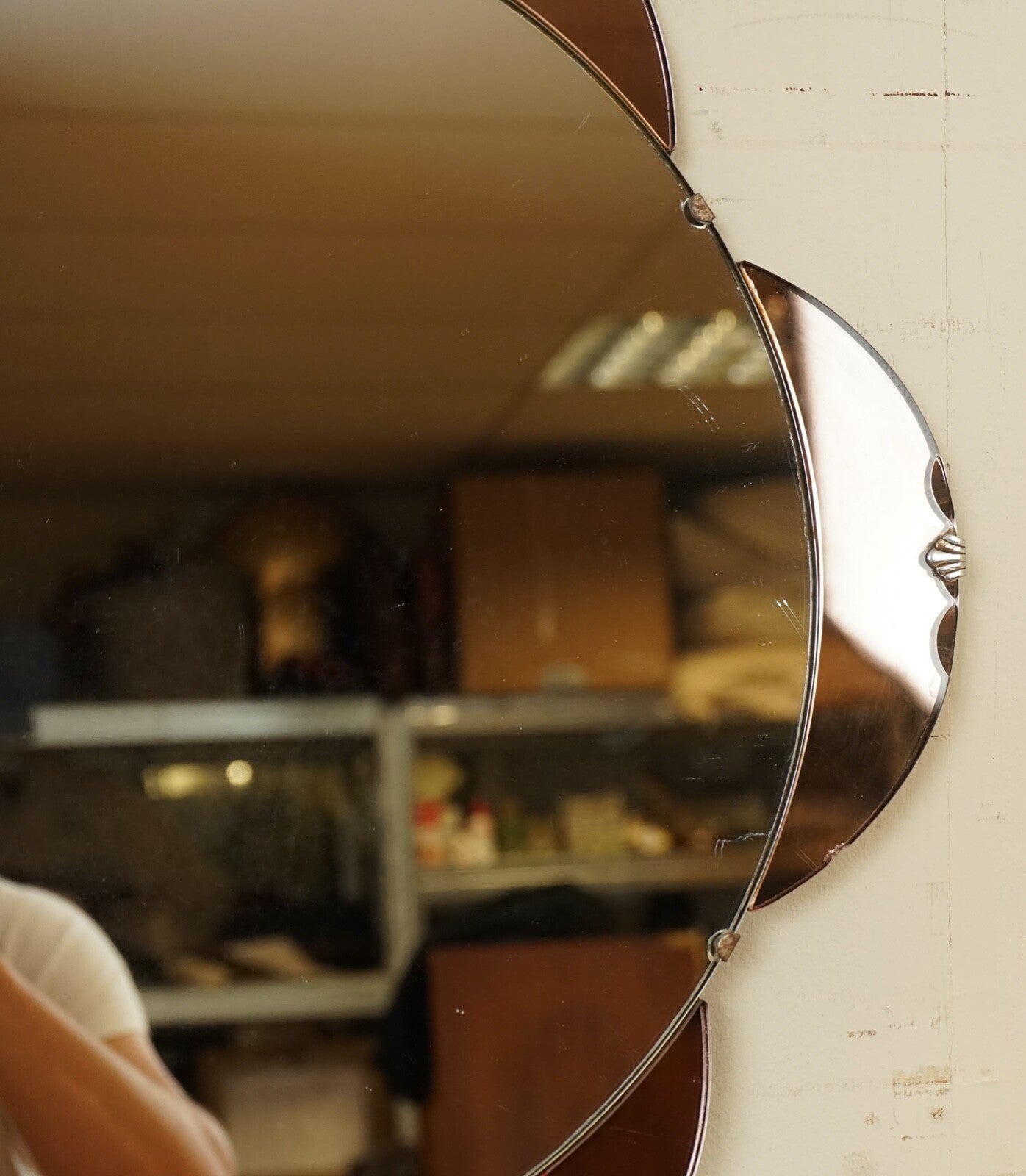 STUNNING 1930's AMBER/PEACH IN SHAPE OF A FLOWER BEVELLED MIRROR