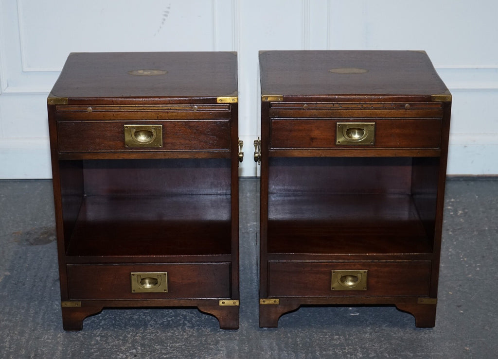 PAIR OF MILITARY CAMPAIGN BEVAN FUNELL BEDSIDE TABLES NIGHTSTANDS TWO DRAWERS