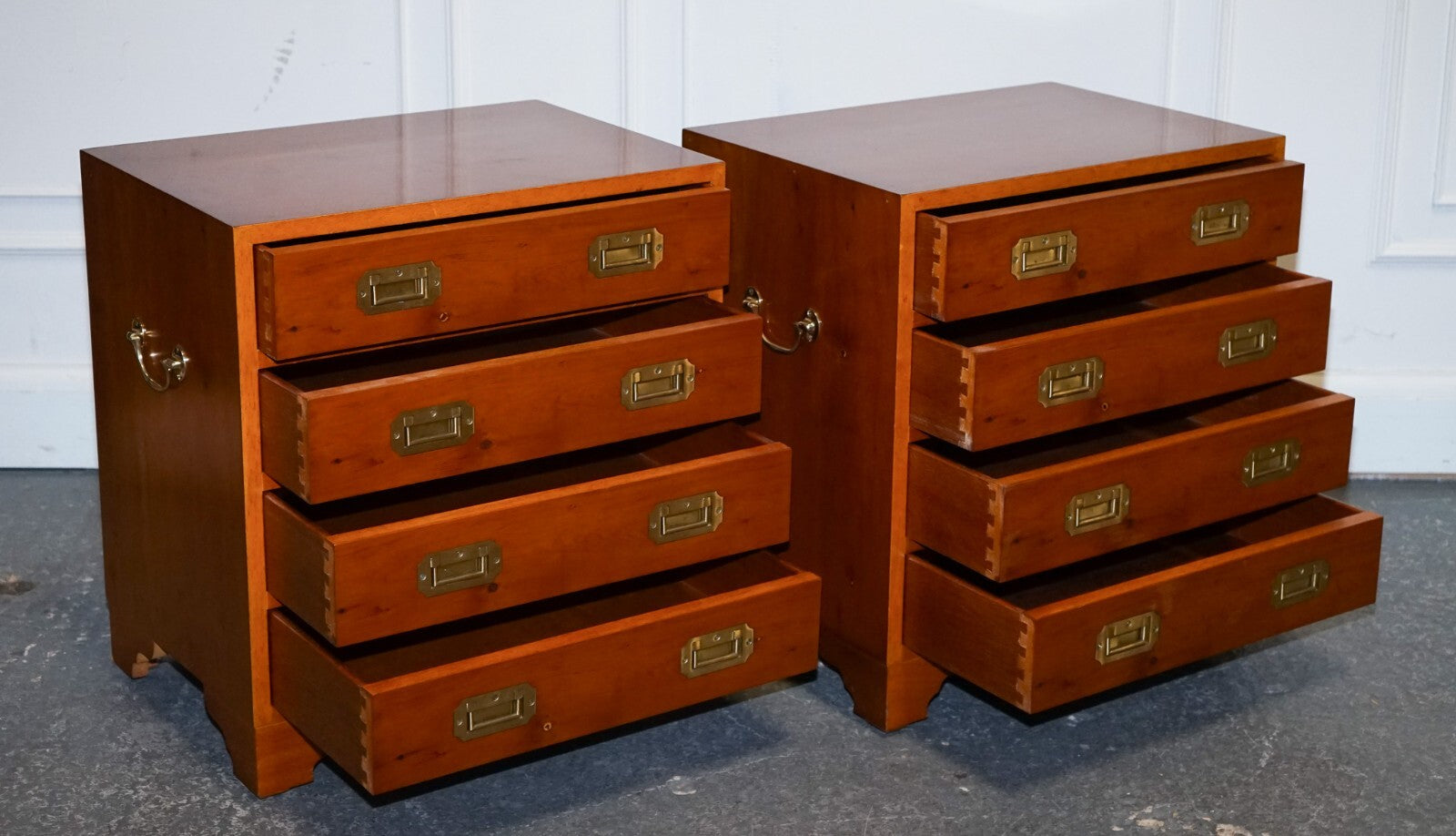 PAIR OF VINTAGE MILITARY CAMPAIGN YEW WOOD CHEST OF DRAWERS END TABLES