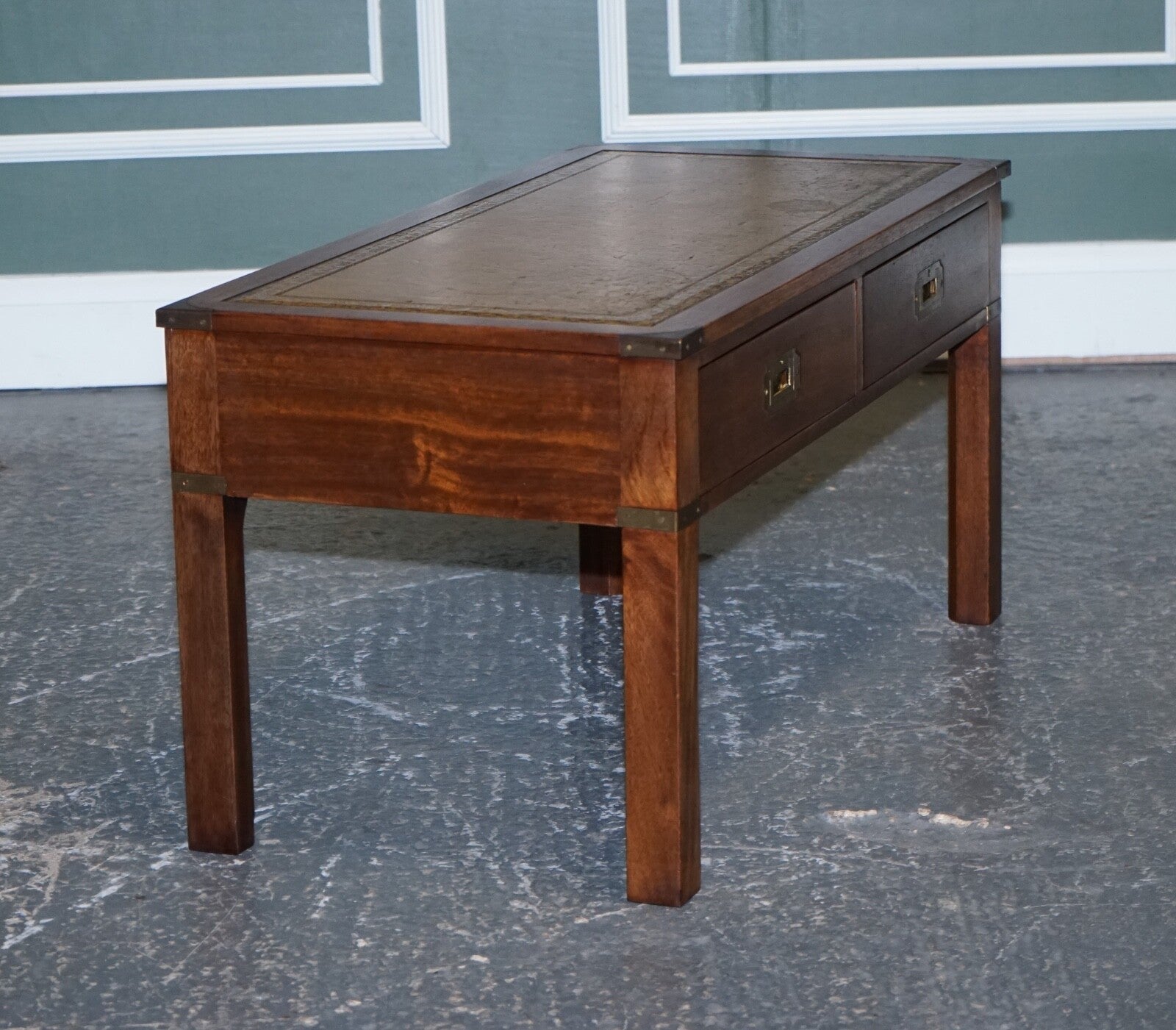 HARRODS LONDON KENNEDY MILITARY CAMPAIGN COFFEE TABLE WITH BROWN LEATHER TOP