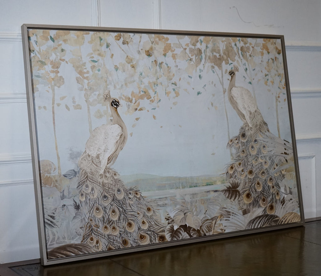 LOVELY SPLENDER FOREST TWO PEACOCKS FRAMED CANVAS ART PRINT