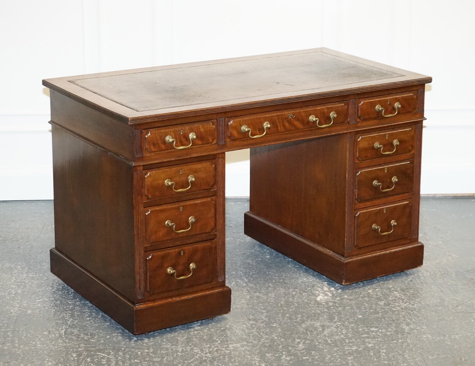 EDWARDIAN MAPLE & CO PEDESTAL WRITING DESK DISTRESSED BROWN EMBOSSED LEATHER