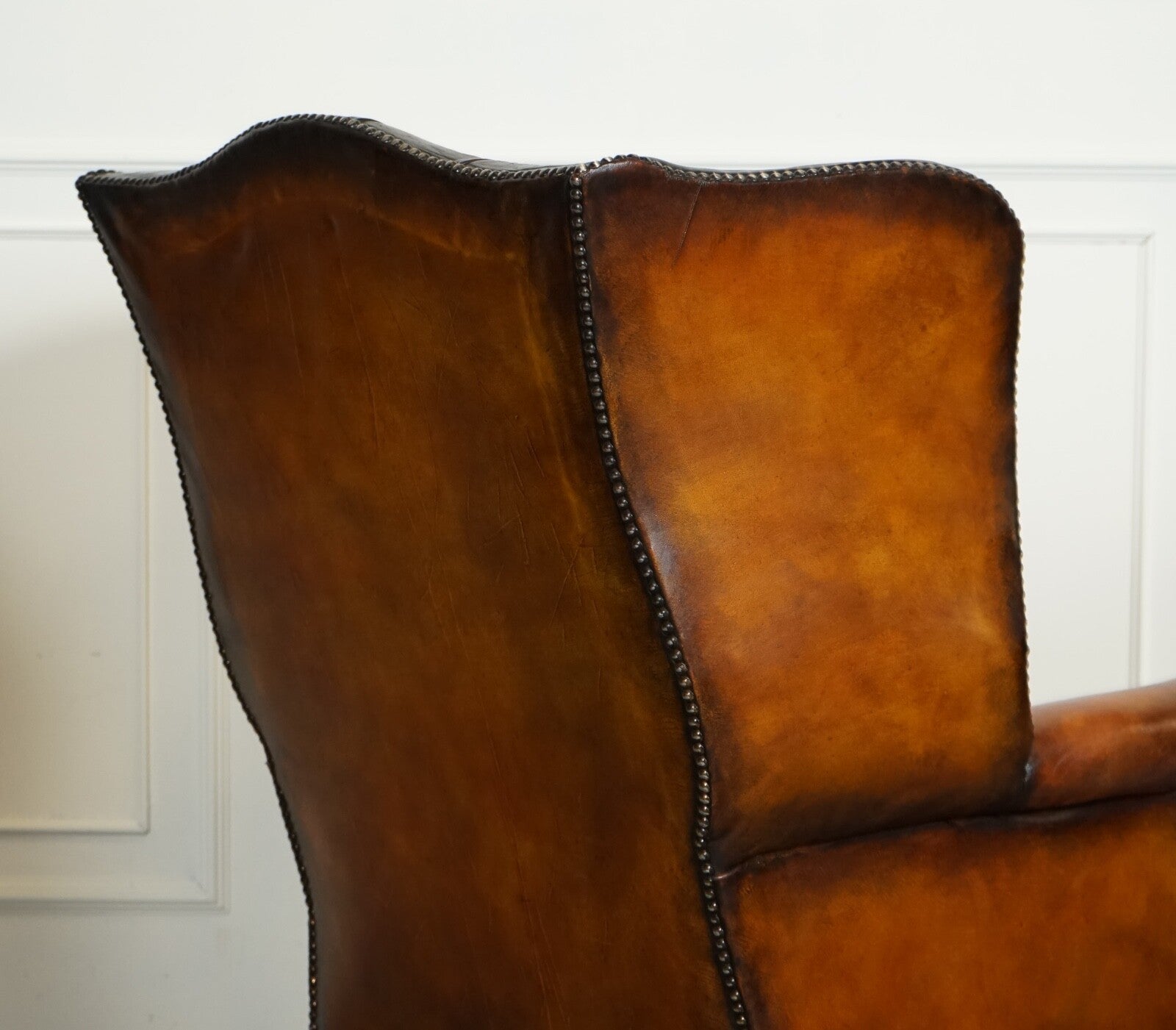 RESTORED PAIR OF HAND DYED BROWN LEATHER CHESTERFiELD WINGBACK ARMCHAIRS
