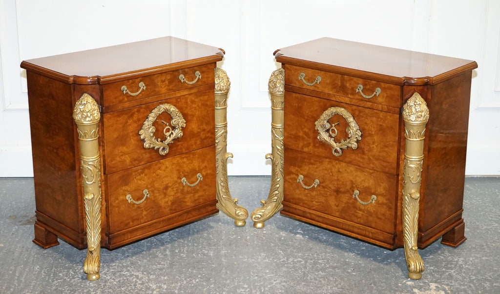 STUNNING PAIR FRENCH EMPIRE STYLE GOLD DETAILED BURR WALNUT BEDSIDES NIGHTSTANDS