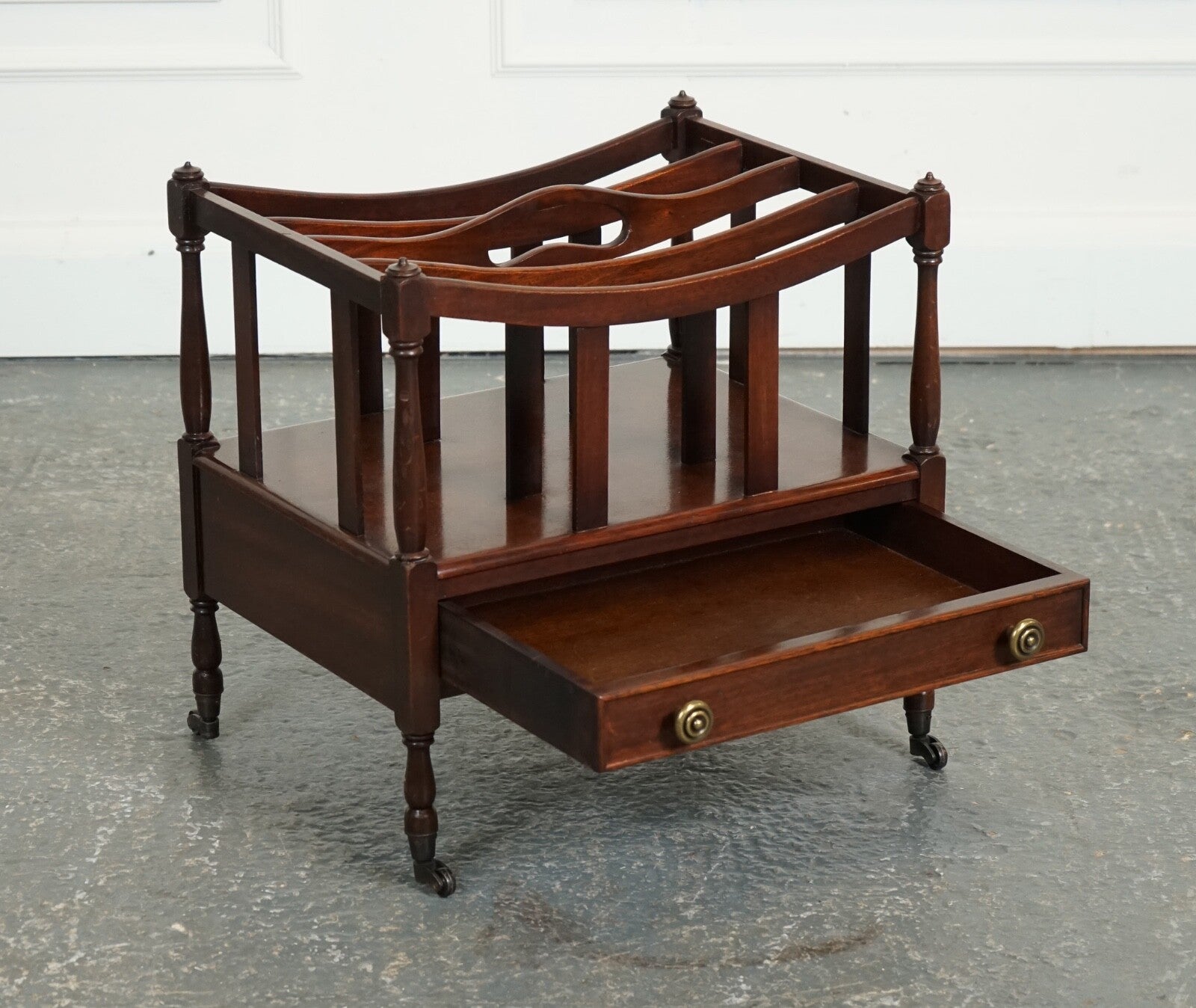 VINTAGE MAHOGANY CANTERBURY NEWSPAPER RACK WITH BRASS HANDLES