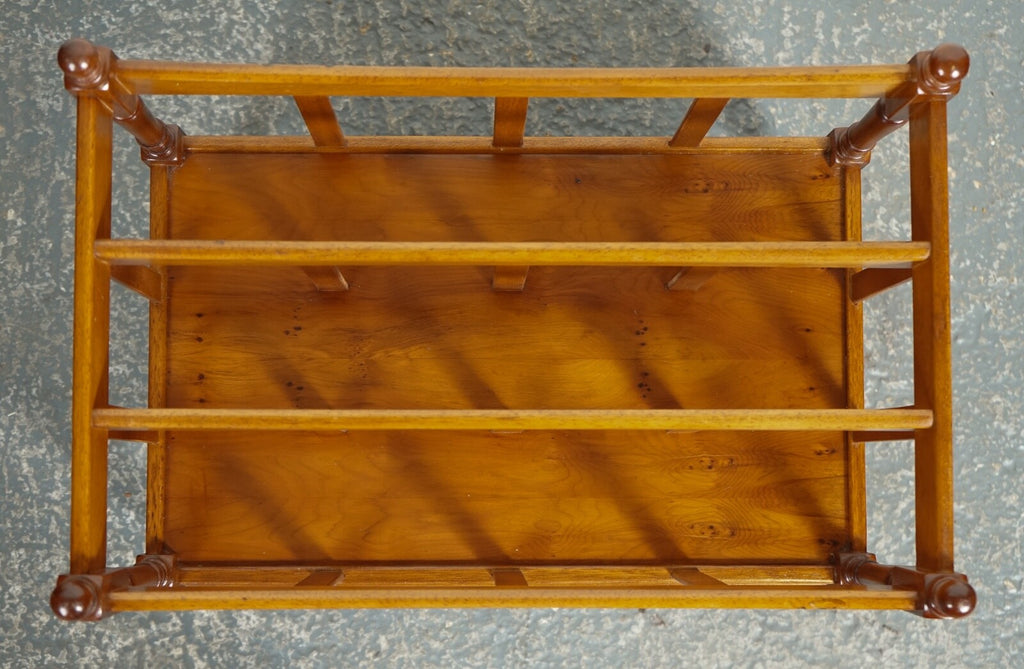 VINTAGE YEW WOOD CANTERBURY NEWSPAPER RACK WITH BRASS HANDLES AND DRAWER J1
