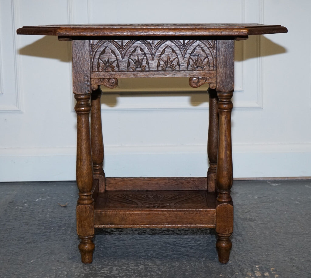 LOVELY CARVED GOTHIC OAK SIDE TABLE