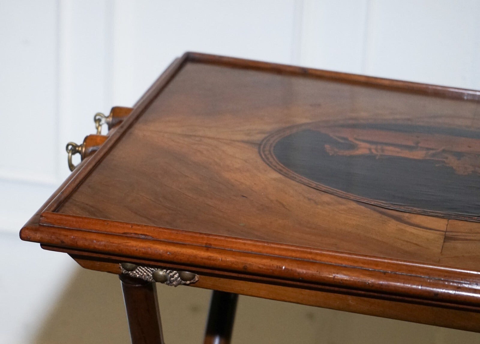 VICTORIAN DOUBLE SIDED SERVING TRAY ON BAMBOO STAND BRASS HANDLES MARQUETRY TOP