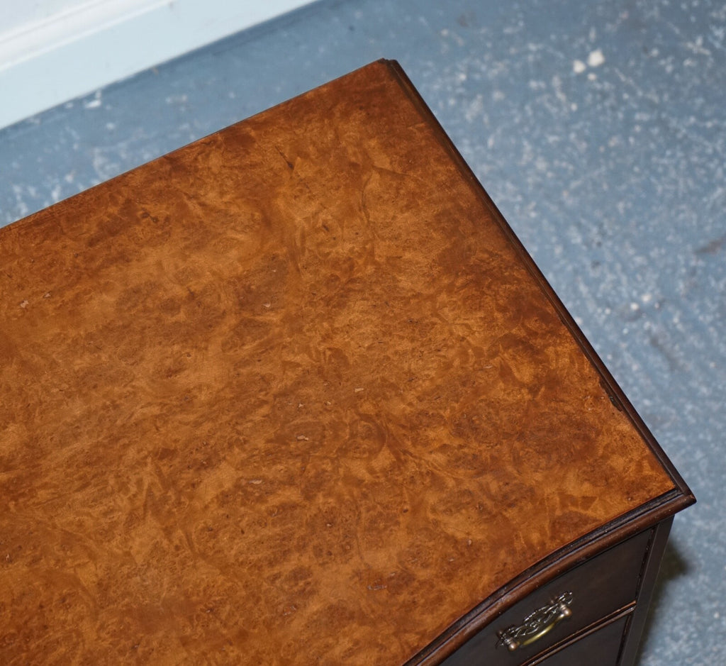 LATE 20TH CENTURY BURR WALNUT CHEST OF DRAWERS WITH BRASS HANDLES